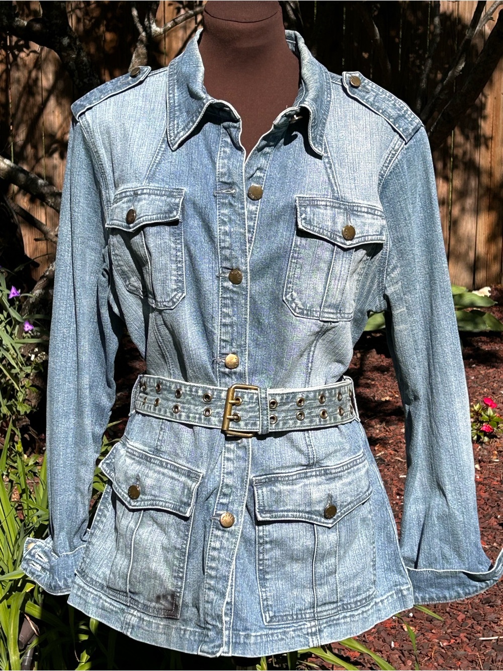 Y2K VIGOSS sL Light Wash Denim Utility Jacket with Studded Belt-cotton/spandex